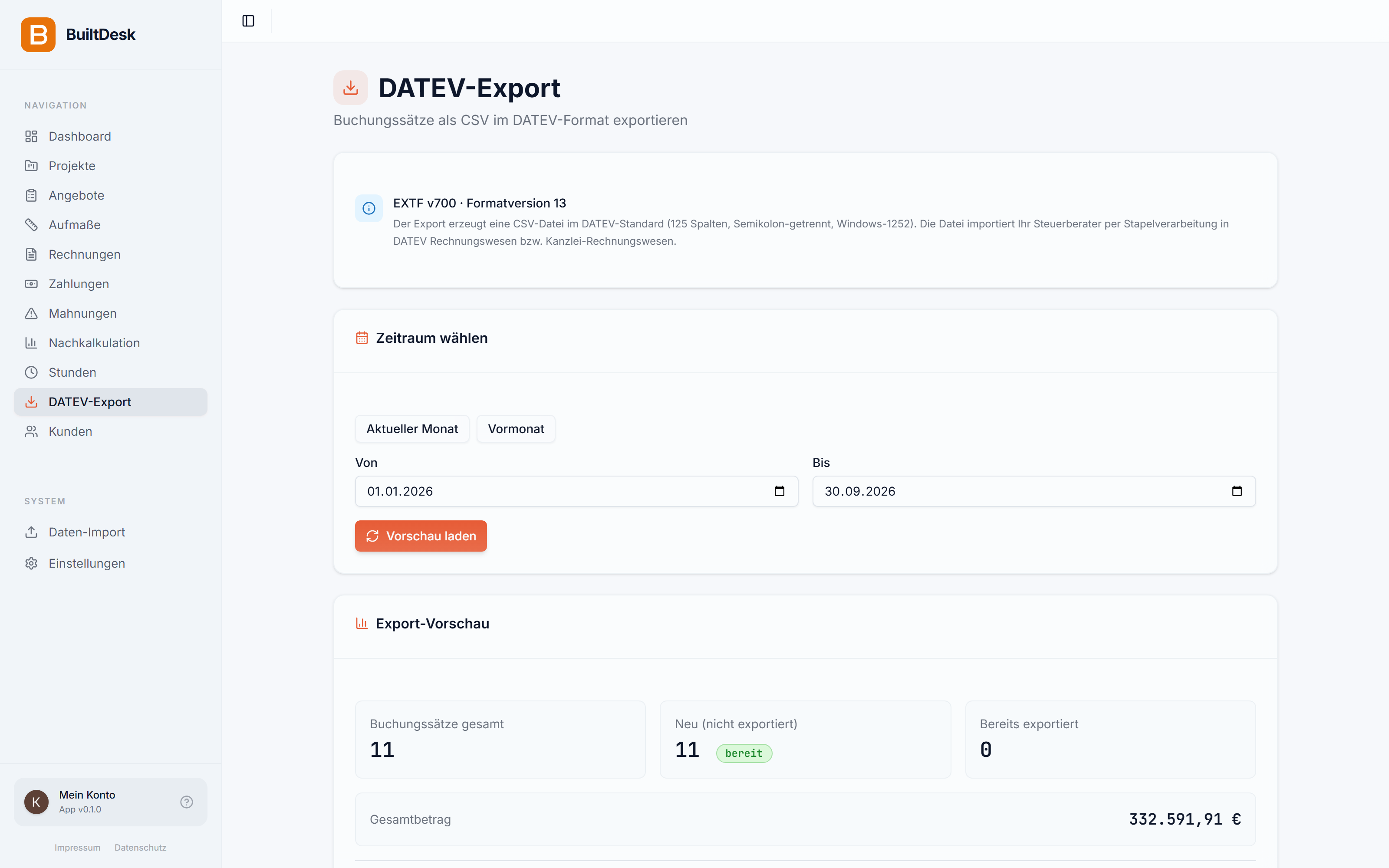 DATEV-Export in BuiltDesk mit Zeitraum, Export-Vorschau und Buchungssätzen